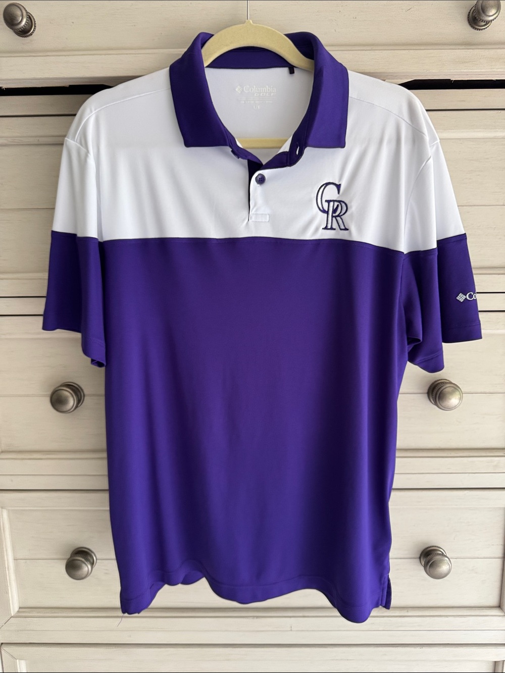 Columbia Golf Purple and White Men’s Polo With Colorado Rockies Logo SZ Large